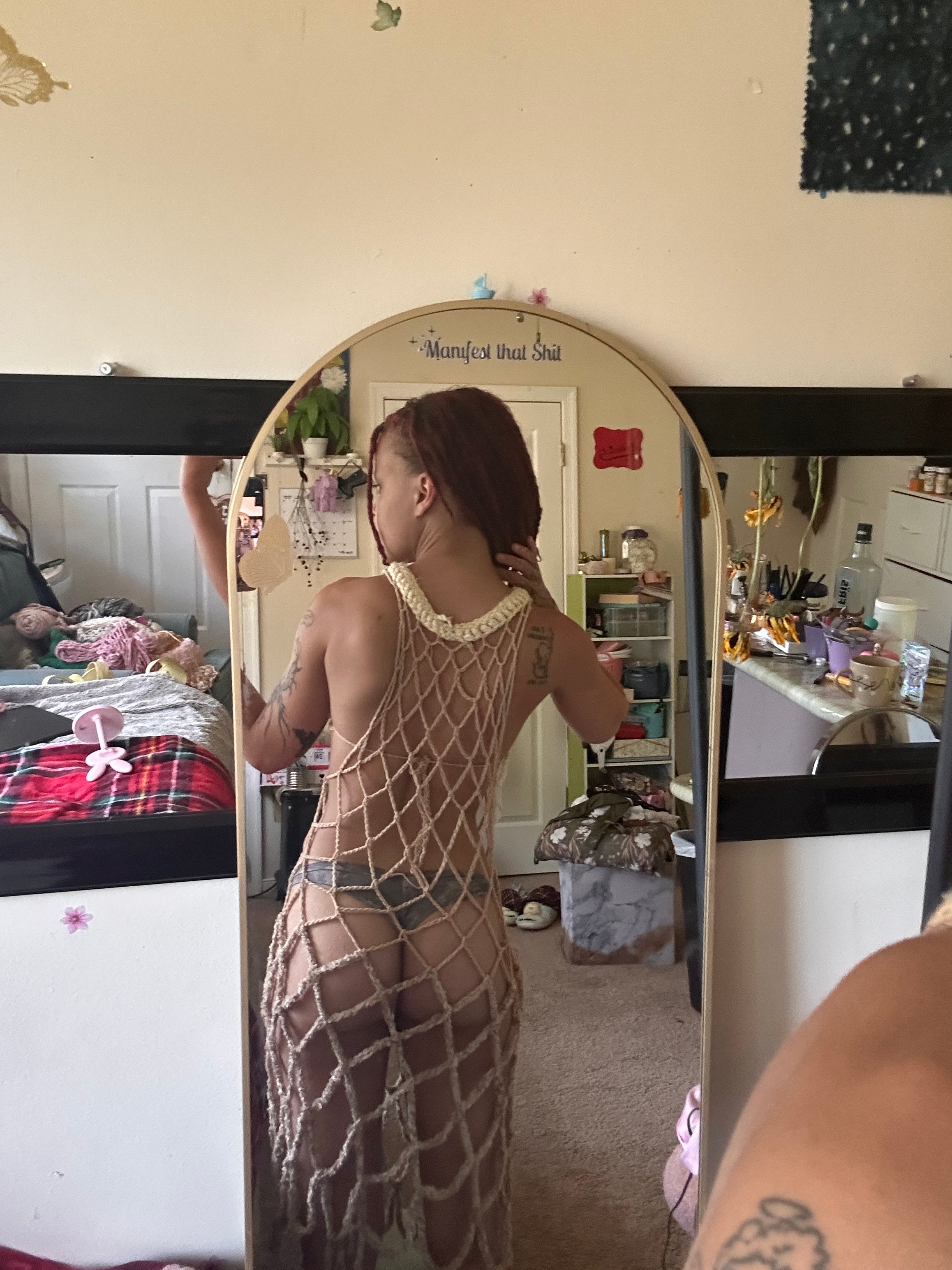Golden knee length dress and adjustable censor strip